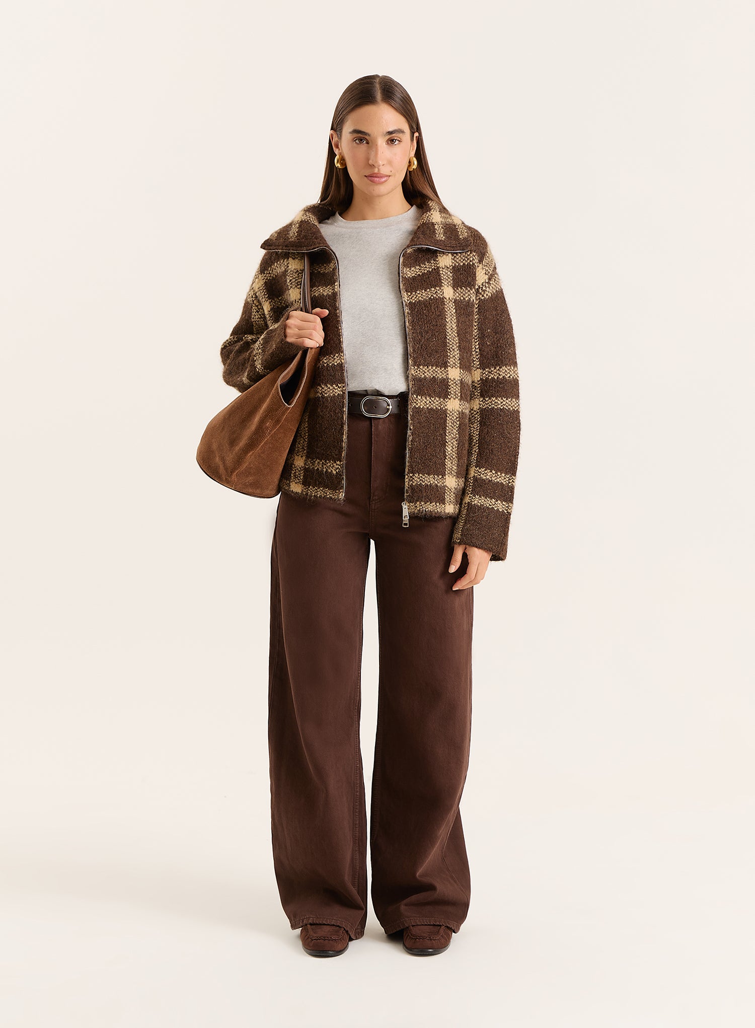 Chocolate Checked Knitted Zip Jacket